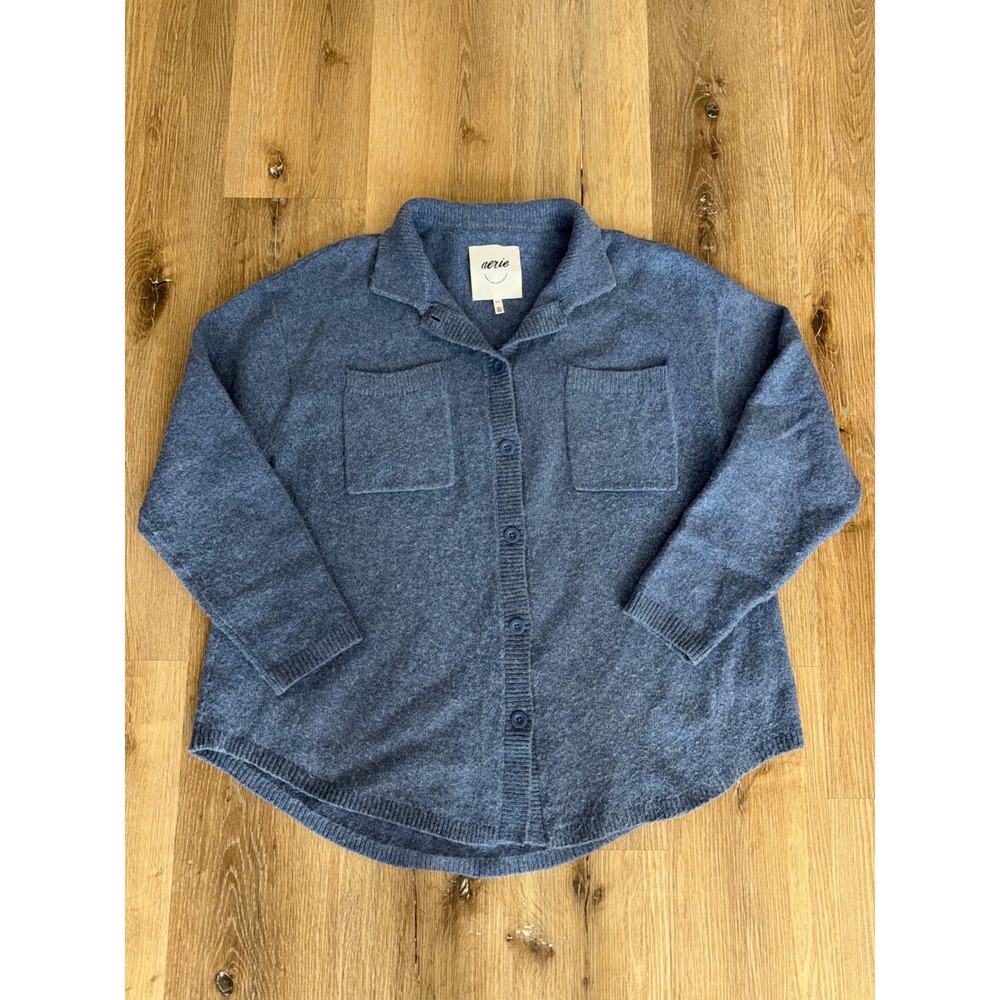 Aerie Minimalist Button Front Cardigan Sweater Women S Blue Pockets Relaxed
